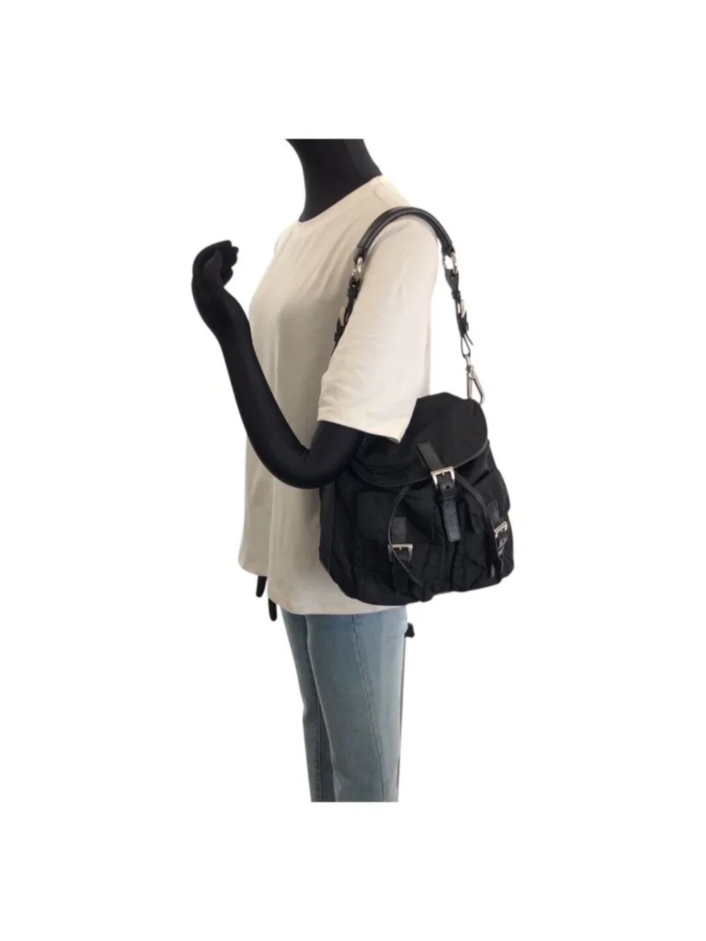 Prada Tessuto Black Silver Nylon Leather Shoulder Bag Pochette